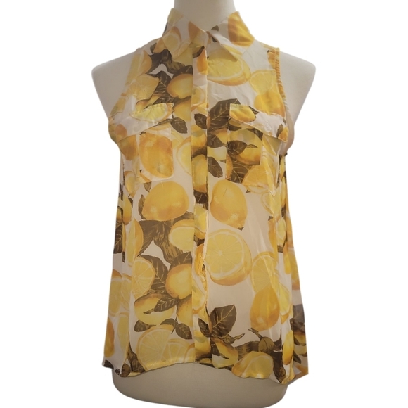 Yellow Lemon Print Sleeveless Blouse top racerback sheer small mono b - Picture 1 of 8